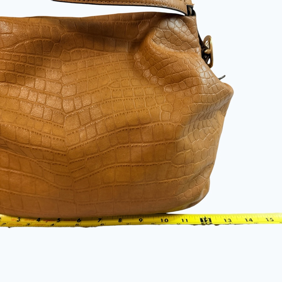 Michael Kors Brown Croc Embossed Leather Hobo Shoulder Bag Gold Hardware
